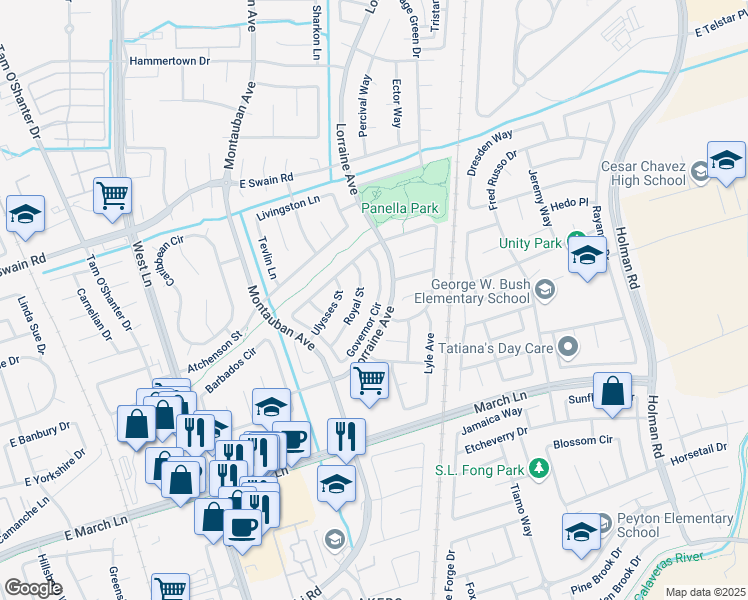 map of restaurants, bars, coffee shops, grocery stores, and more near 5536 Governor Circle in Stockton