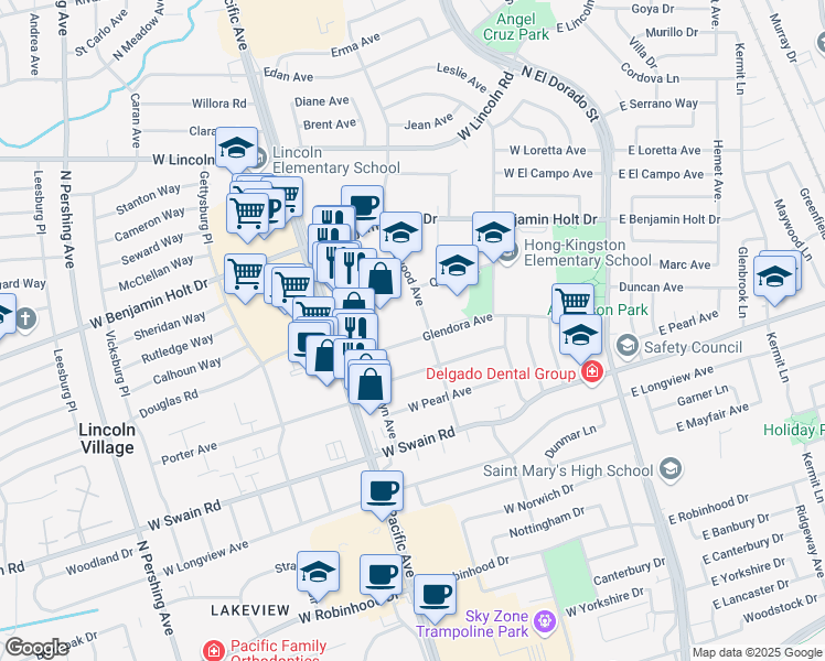 map of restaurants, bars, coffee shops, grocery stores, and more near 443 Glendora Avenue in Stockton