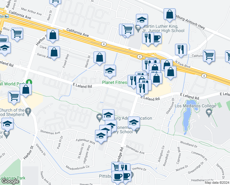 map of restaurants, bars, coffee shops, grocery stores, and more near 1122 East Leland Road in Pittsburg