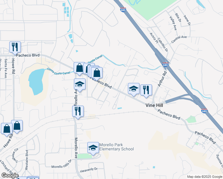 map of restaurants, bars, coffee shops, grocery stores, and more near 3910 Pacheco Boulevard in Martinez