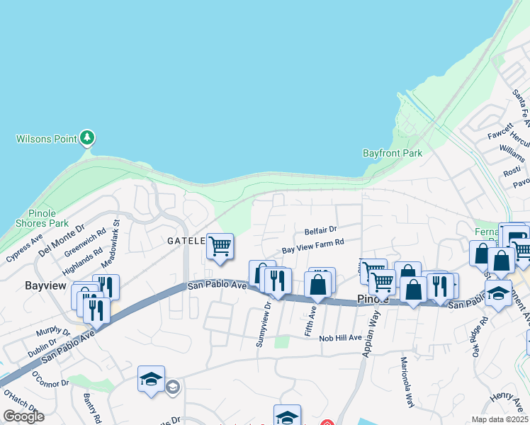 map of restaurants, bars, coffee shops, grocery stores, and more near 530 Sunnyview Drive in Pinole