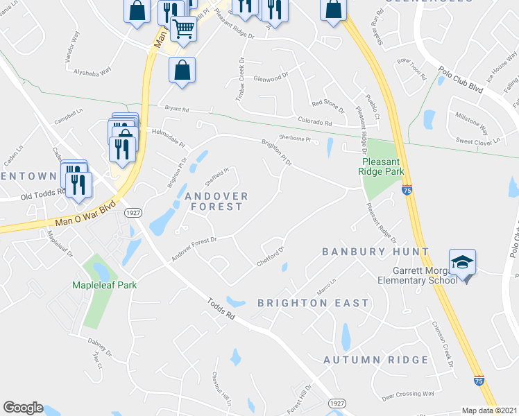 map of restaurants, bars, coffee shops, grocery stores, and more near 1093 Andover Forest Drive in Lexington