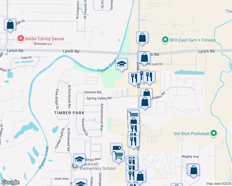 map of restaurants, bars, coffee shops, grocery stores, and more near 4446 Spring Valley Road in Evansville