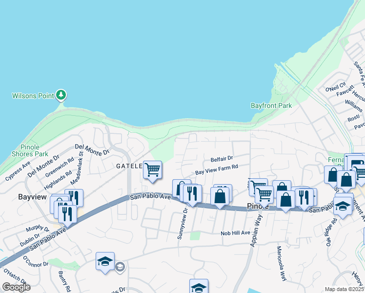 map of restaurants, bars, coffee shops, grocery stores, and more near 530 Sunnyview Drive in Pinole