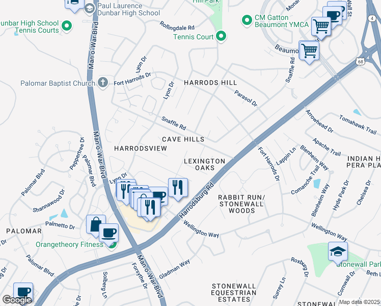 map of restaurants, bars, coffee shops, grocery stores, and more near 3512 McNair Way in Lexington