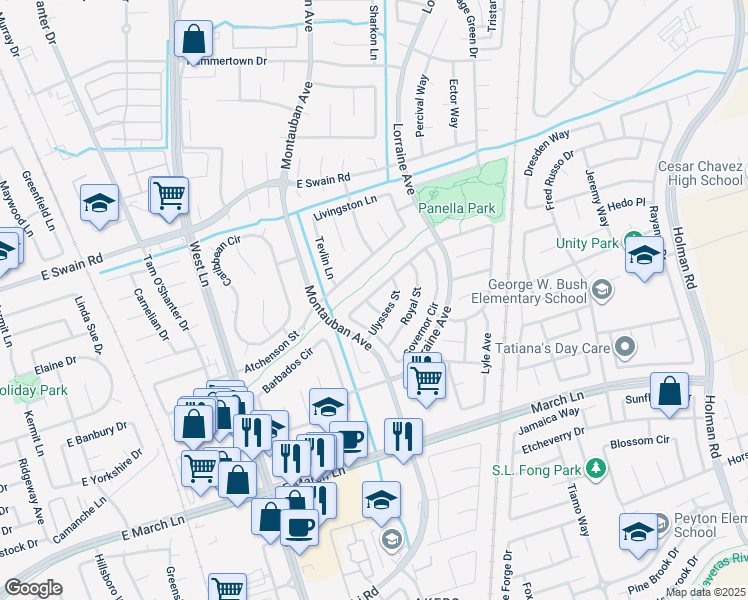 map of restaurants, bars, coffee shops, grocery stores, and more near 5576 Zaca Lane in Stockton