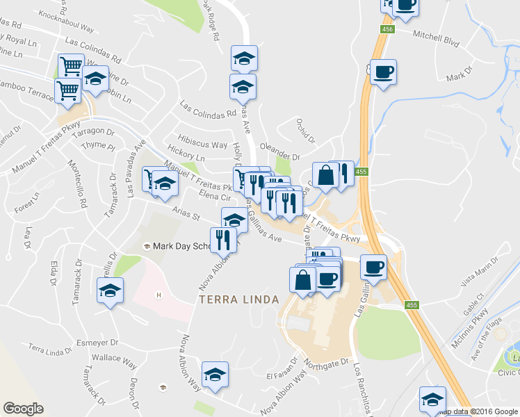 map of restaurants, bars, coffee shops, grocery stores, and more near 350 Northgate Drive in San Rafael