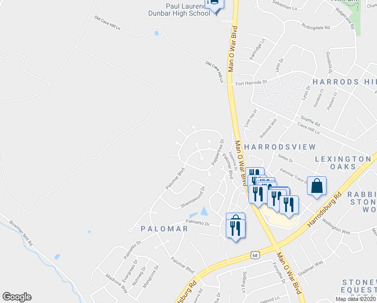 map of restaurants, bars, coffee shops, grocery stores, and more near 3985 Palomar Blvd in Lexington