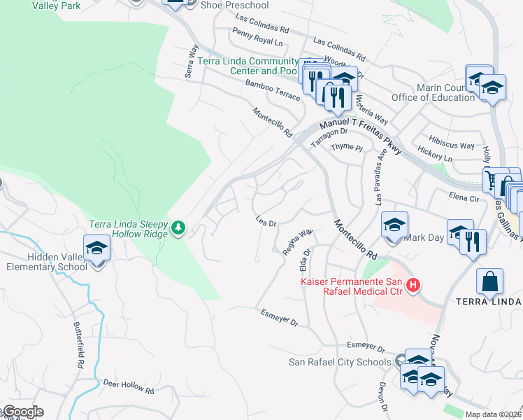 map of restaurants, bars, coffee shops, grocery stores, and more near 17 Forest Lane in San Rafael