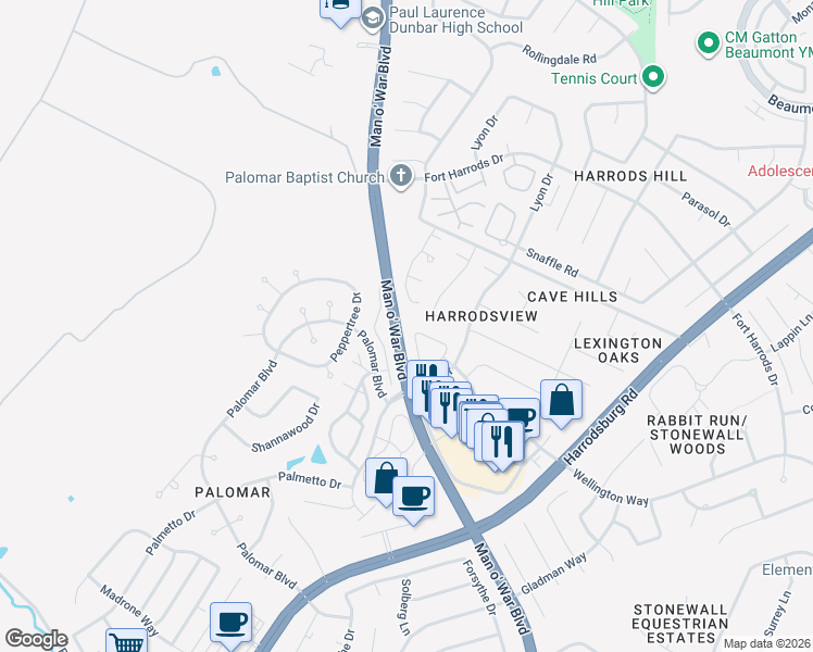 map of restaurants, bars, coffee shops, grocery stores, and more near 3684 Cottage Circle in Lexington