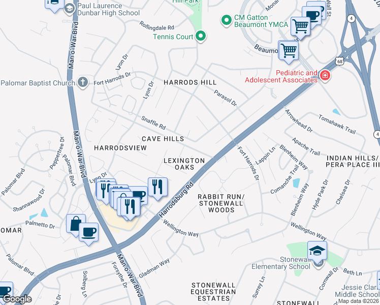 map of restaurants, bars, coffee shops, grocery stores, and more near 3464 Derby Landing Circle in Lexington