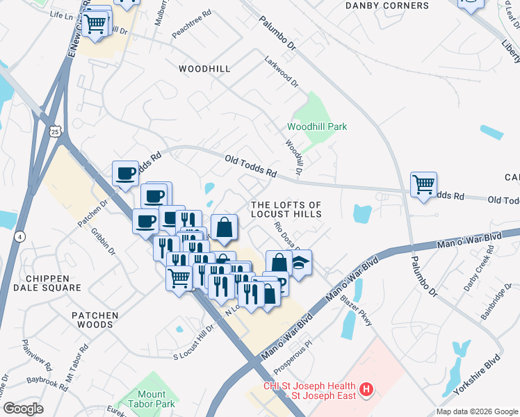 map of restaurants, bars, coffee shops, grocery stores, and more near 2880 Rio Dosa Drive in Lexington