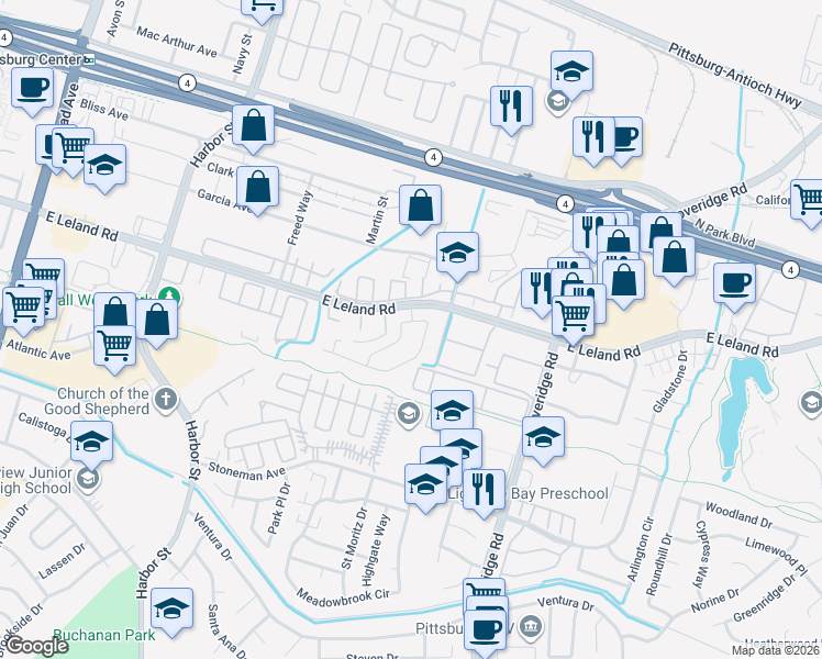 map of restaurants, bars, coffee shops, grocery stores, and more near 2201 Fairbourne Drive in Pittsburg