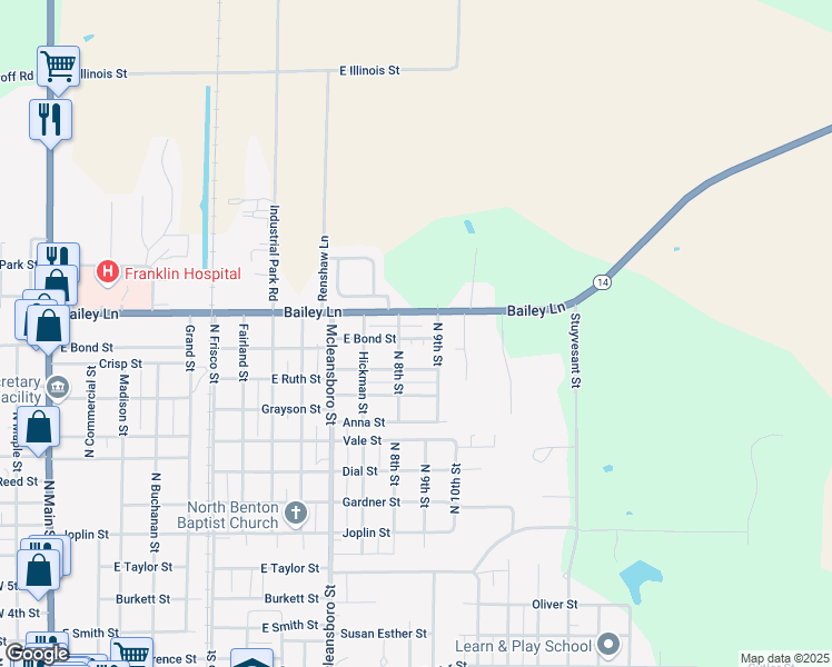 map of restaurants, bars, coffee shops, grocery stores, and more near 1207 East Bond Street in Benton