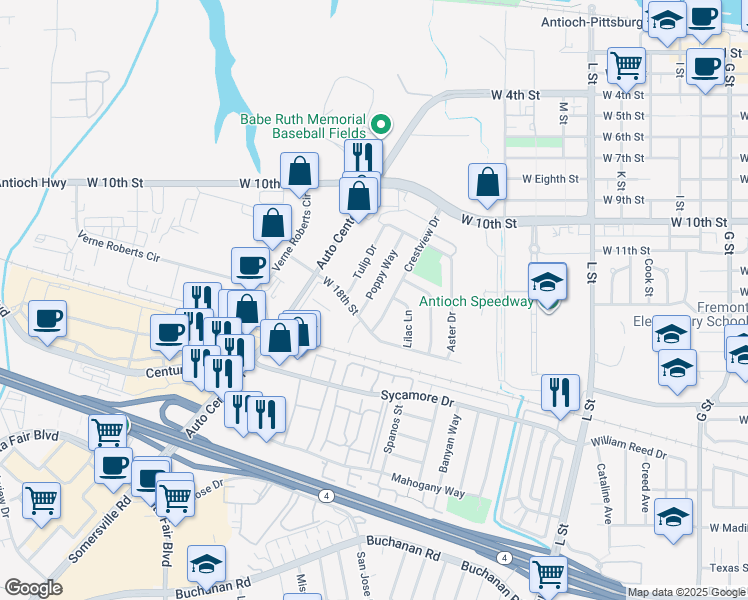 map of restaurants, bars, coffee shops, grocery stores, and more near 1609 Poppy Way in Antioch