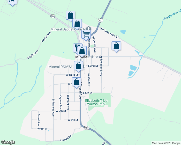 map of restaurants, bars, coffee shops, grocery stores, and more near 320 Lois Lane in Mineral