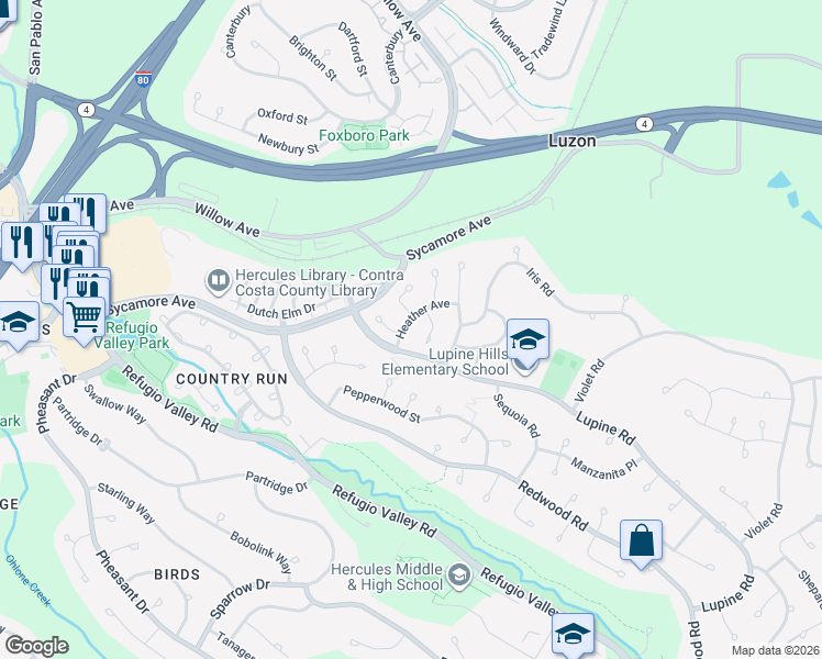 map of restaurants, bars, coffee shops, grocery stores, and more near 118 Heather Avenue in Hercules