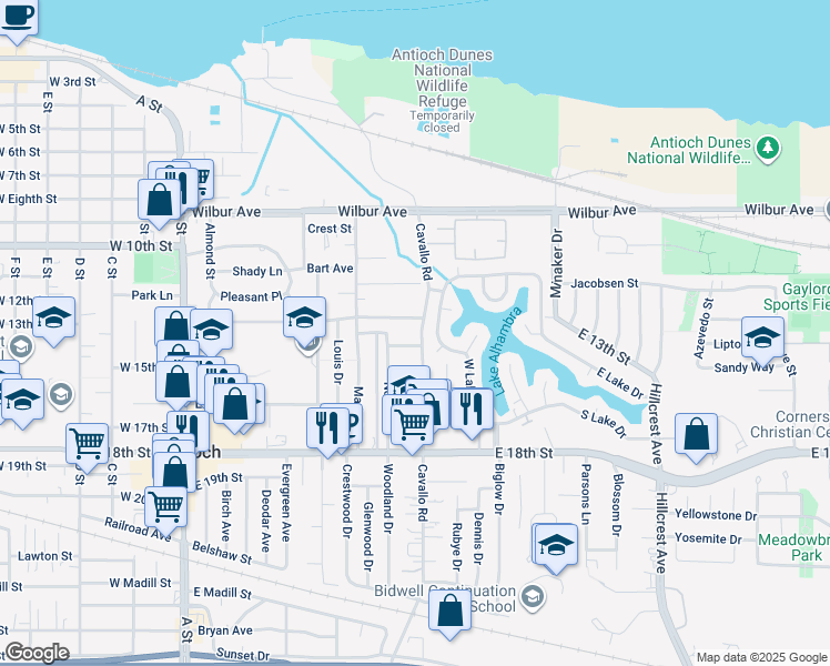 map of restaurants, bars, coffee shops, grocery stores, and more near 1308 Cavallo Road in Antioch