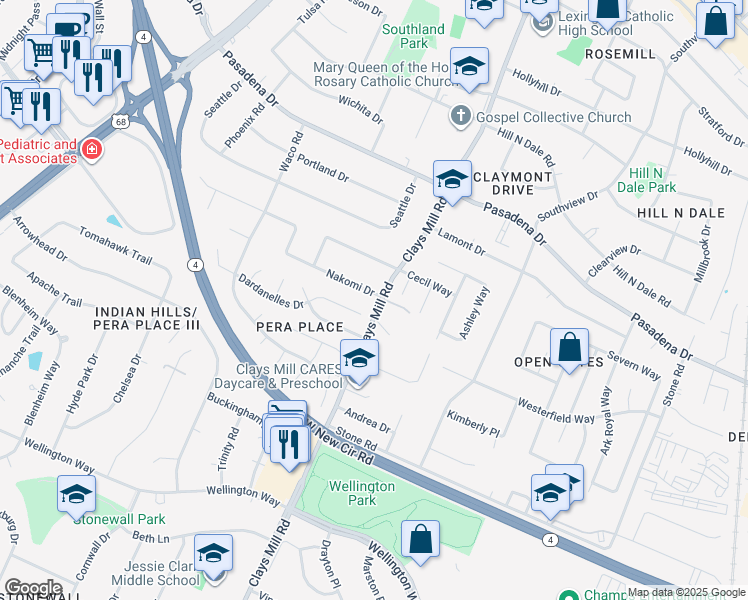 map of restaurants, bars, coffee shops, grocery stores, and more near 2911 Clays Mill Road in Lexington