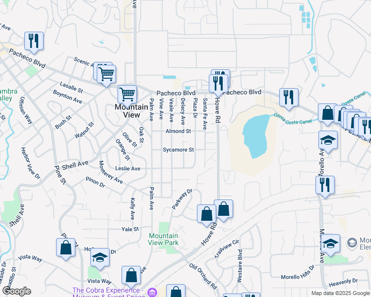map of restaurants, bars, coffee shops, grocery stores, and more near 2913c Sycamore Street in Martinez