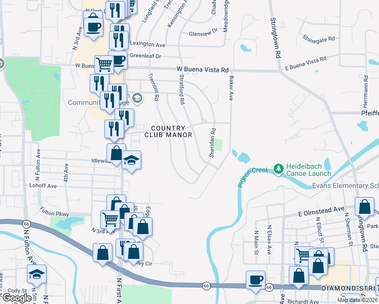 map of restaurants, bars, coffee shops, grocery stores, and more near 3301 Kensington Avenue in Evansville