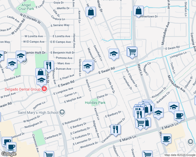 map of restaurants, bars, coffee shops, grocery stores, and more near 723 East Longview Avenue in Stockton