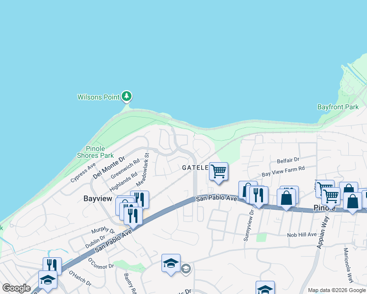 map of restaurants, bars, coffee shops, grocery stores, and more near 325 Del Monte Way in Pinole