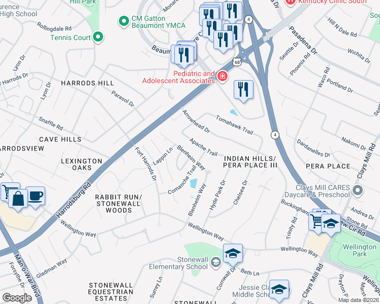 map of restaurants, bars, coffee shops, grocery stores, and more near 3072 Blenheim Way in Lexington