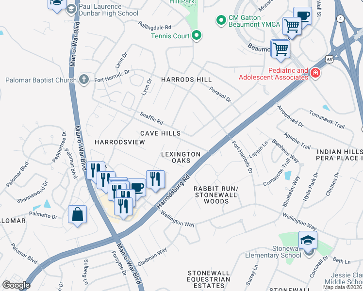 map of restaurants, bars, coffee shops, grocery stores, and more near 3464 Derby Landing Circle in Lexington