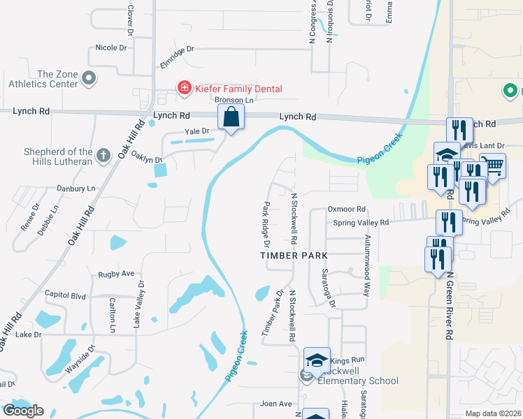 map of restaurants, bars, coffee shops, grocery stores, and more near 3316 Park Ridge Drive in Evansville
