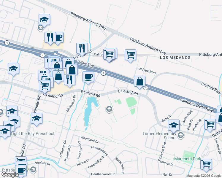 map of restaurants, bars, coffee shops, grocery stores, and more near 2251 Lakeview Circle in Pittsburg