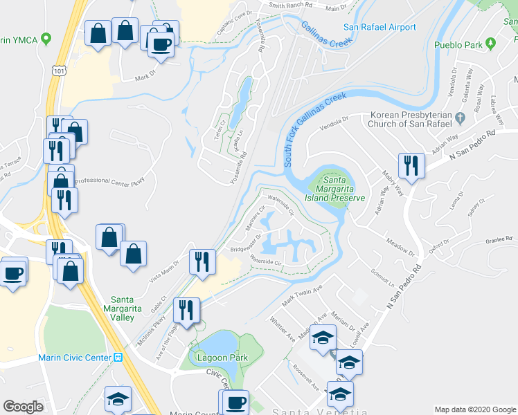 map of restaurants, bars, coffee shops, grocery stores, and more near 41 Mariners Circle in San Rafael