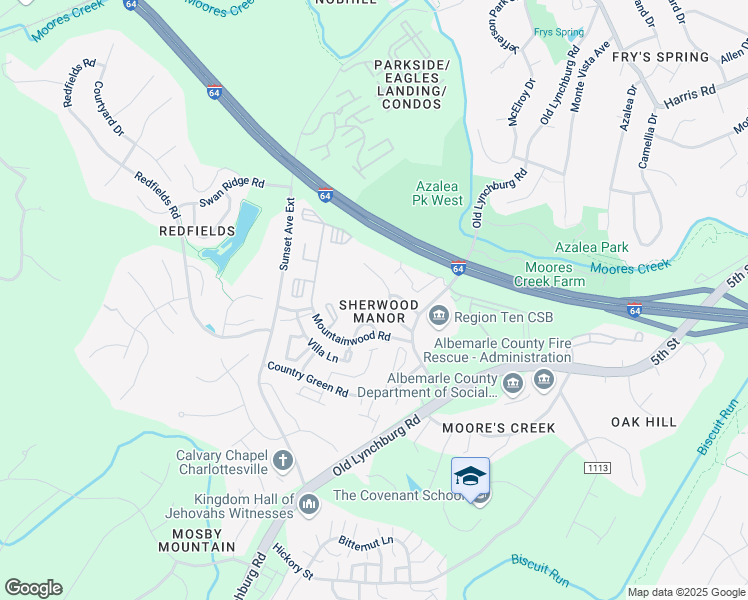 map of restaurants, bars, coffee shops, grocery stores, and more near 108 Mansfield Court in Charlottesville
