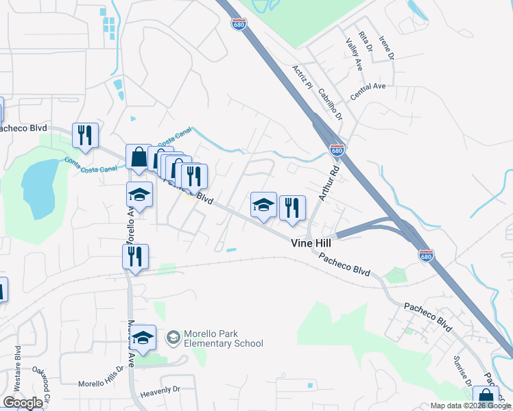 map of restaurants, bars, coffee shops, grocery stores, and more near 4040 Ellis Road in Martinez