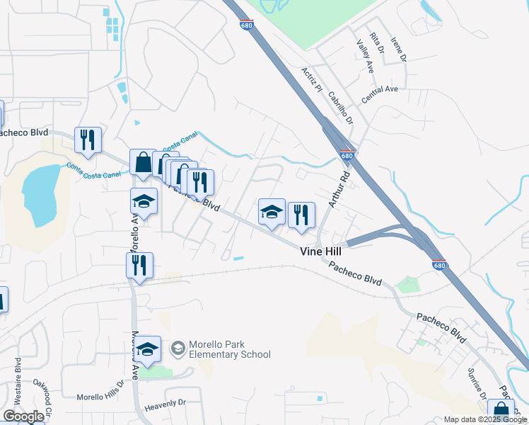 map of restaurants, bars, coffee shops, grocery stores, and more near 4040 Ellis Road in Martinez