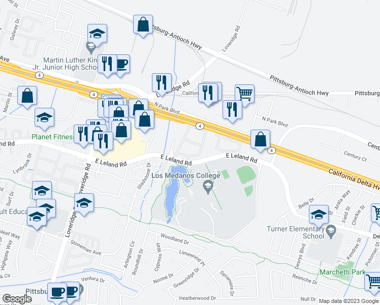 map of restaurants, bars, coffee shops, grocery stores, and more near 2569 East Leland Road in Pittsburg