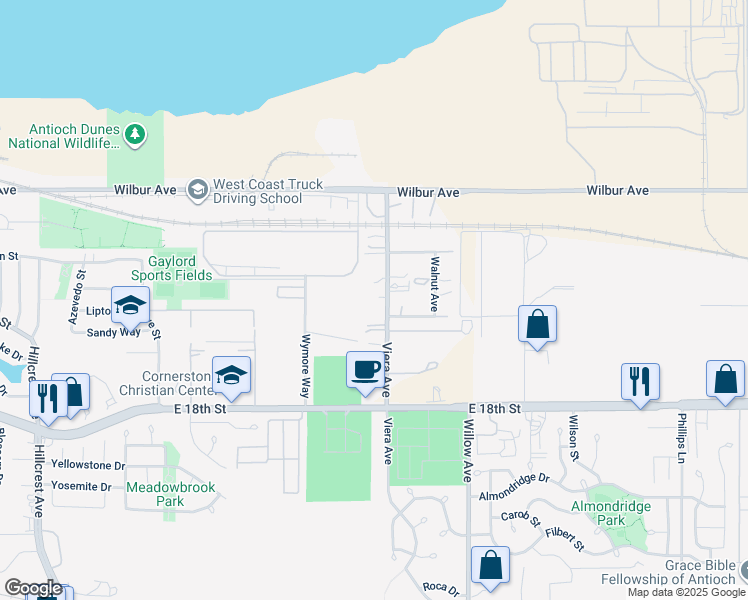 map of restaurants, bars, coffee shops, grocery stores, and more near 1550 Viera Avenue in Antioch