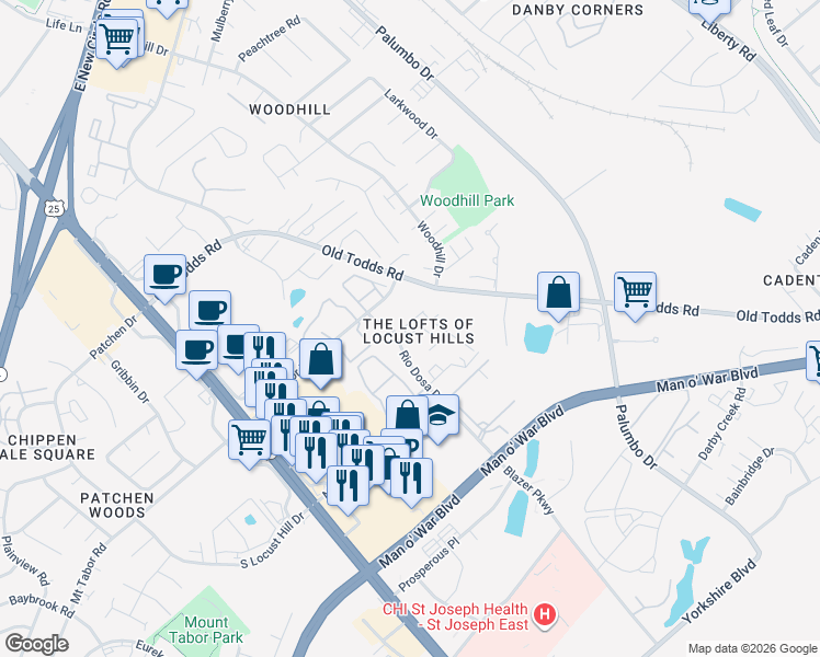 map of restaurants, bars, coffee shops, grocery stores, and more near 3025 Bonanza Drive in Lexington
