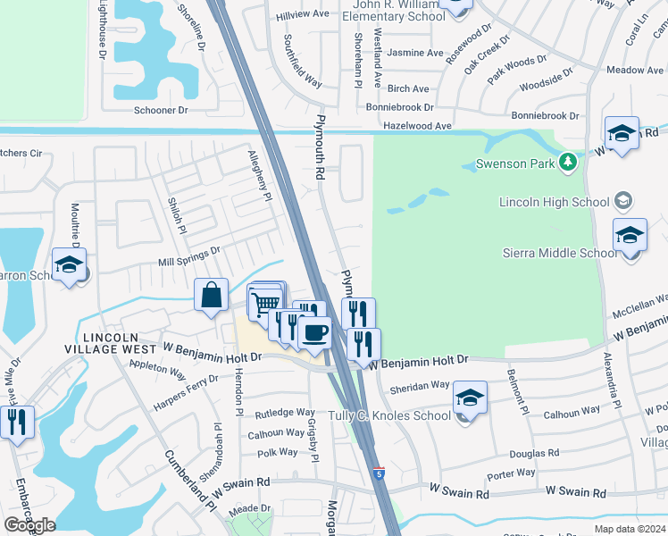 map of restaurants, bars, coffee shops, grocery stores, and more near 2929 Cushing Court in Stockton