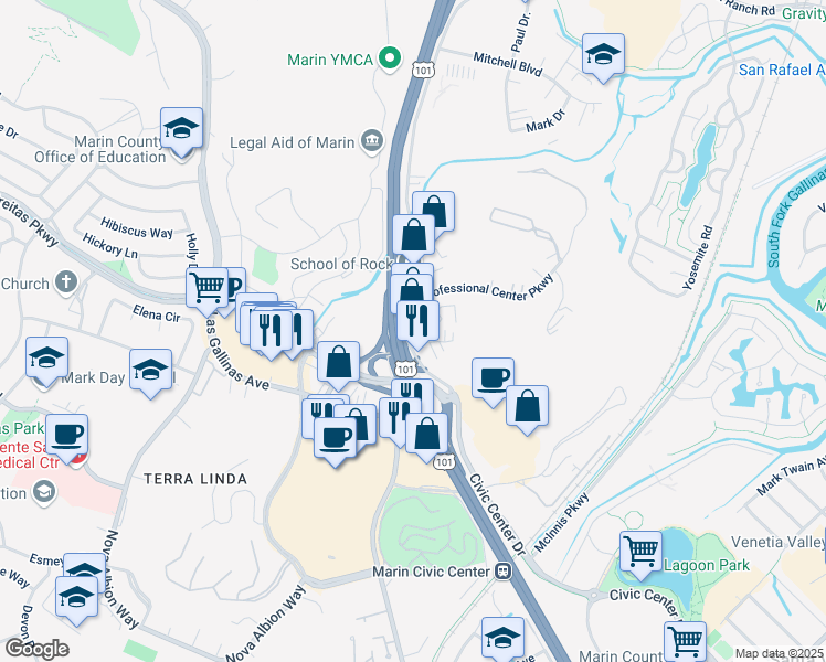map of restaurants, bars, coffee shops, grocery stores, and more near 4100 Redwood Highway in San Rafael