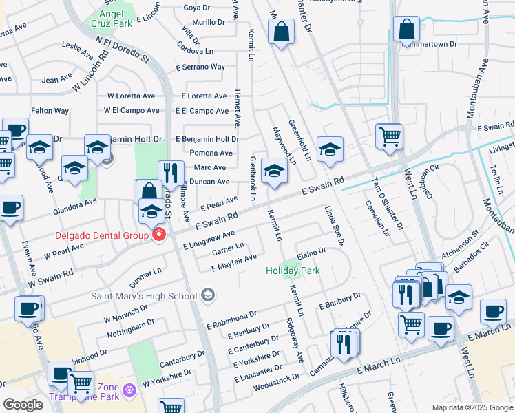 map of restaurants, bars, coffee shops, grocery stores, and more near 601 East Swain Road in Stockton