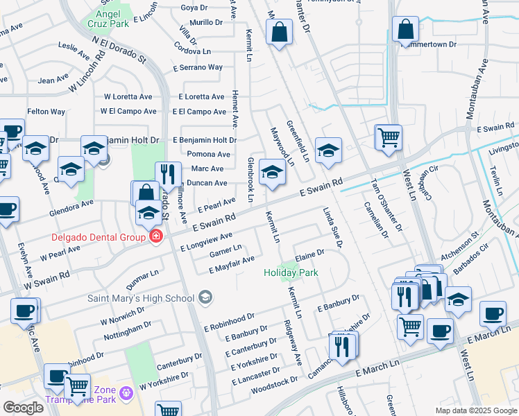 map of restaurants, bars, coffee shops, grocery stores, and more near 524 East Swain Road in Stockton