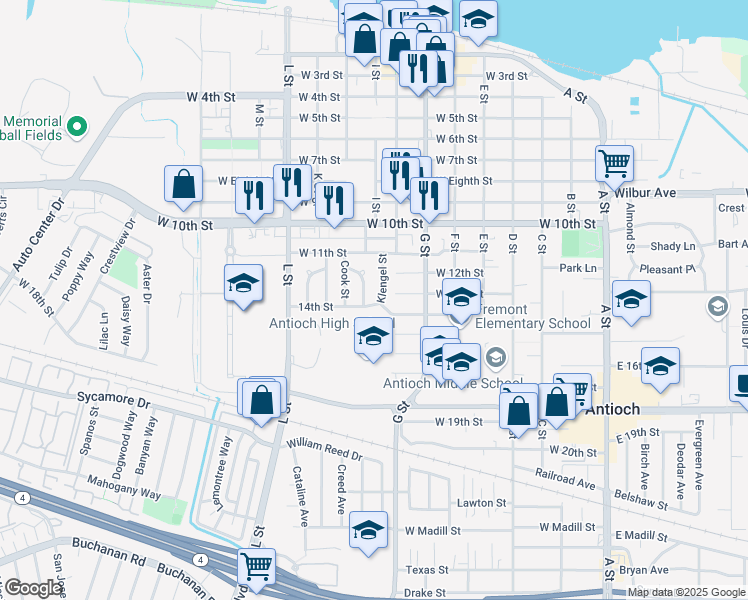 map of restaurants, bars, coffee shops, grocery stores, and more near 1142 Macaulay Street in Antioch