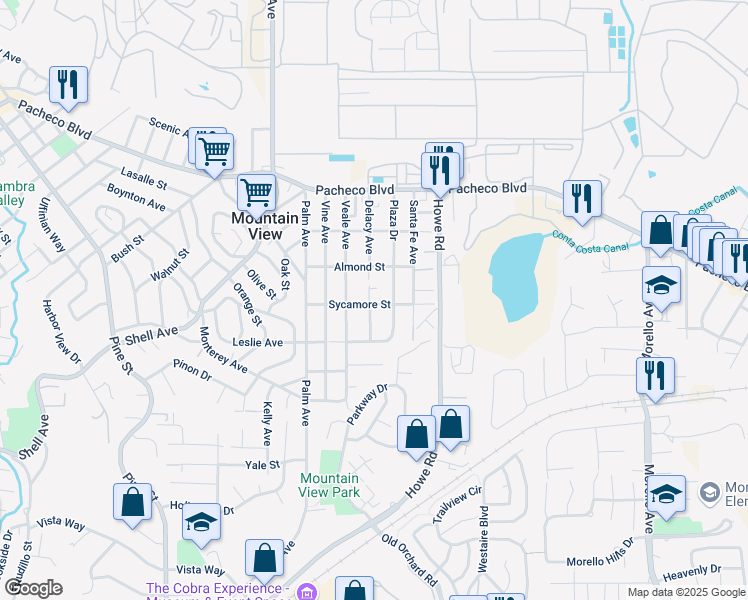 map of restaurants, bars, coffee shops, grocery stores, and more near 2913c Sycamore Street in Martinez