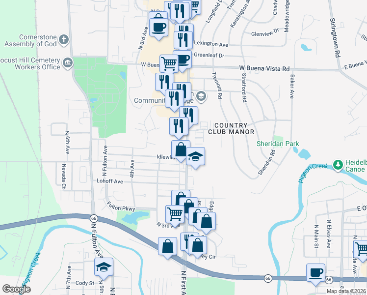 map of restaurants, bars, coffee shops, grocery stores, and more near in Evansville