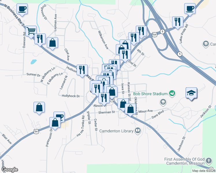 map of restaurants, bars, coffee shops, grocery stores, and more near 151 Court Circle in Camdenton