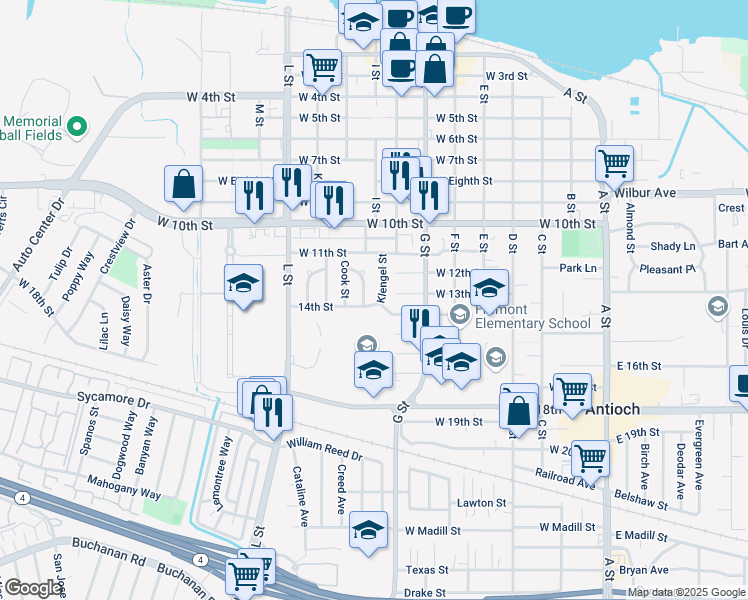 map of restaurants, bars, coffee shops, grocery stores, and more near 800 West Fourteenth Street in Antioch