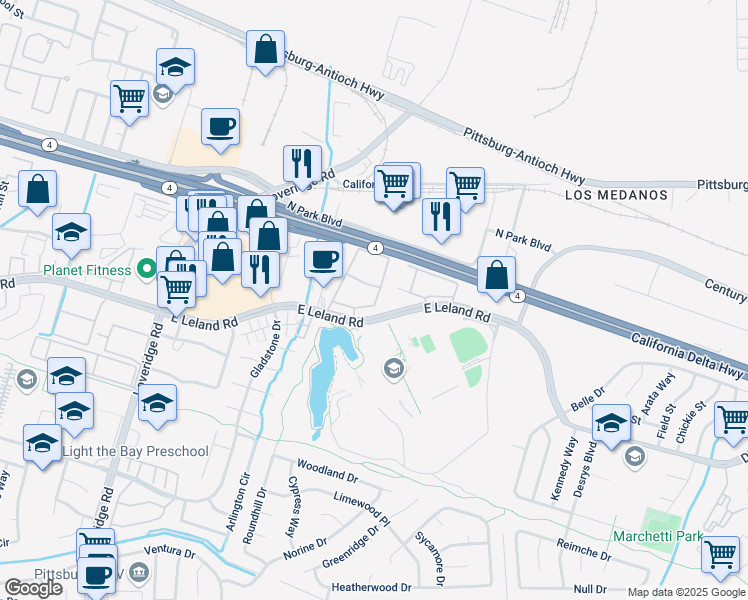 map of restaurants, bars, coffee shops, grocery stores, and more near 2227 East Leland Road in Pittsburg