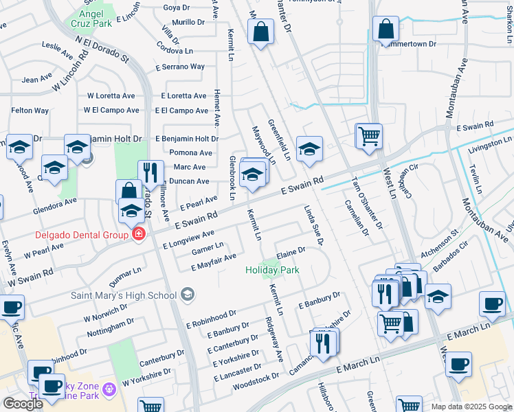 map of restaurants, bars, coffee shops, grocery stores, and more near 704 East Swain Road in Stockton