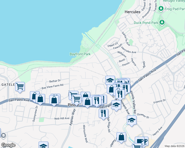 map of restaurants, bars, coffee shops, grocery stores, and more near 362 Summit Court in Pinole